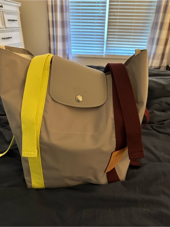 Longchamp Handbags - Grey Tote with Neon Green and Burgundy Straps